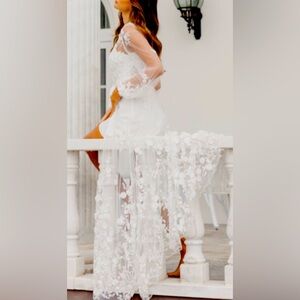 Le Rose Bridal Lingerie Chemise + Robe Embroidery Lace Pearls Large Romantic NEW